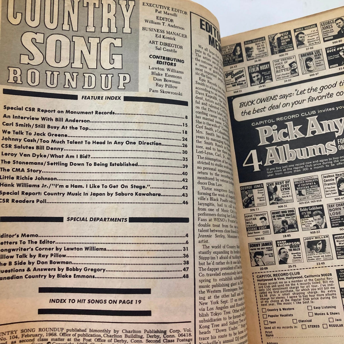Inside page of the VTG Country Song Roundup Magazine February 1968, displaying the feature index and editorial notes, highlighting contributions to the country music scene.