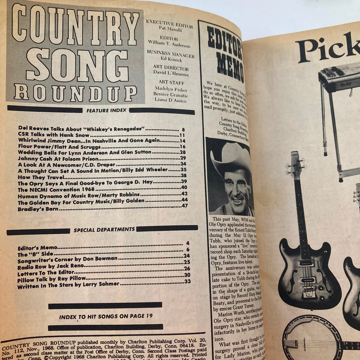 Interior page of VTG Country Song Roundup Magazine November 1968 displaying the feature index and special departments with mentions of Del Reeves and Marty Robbins.