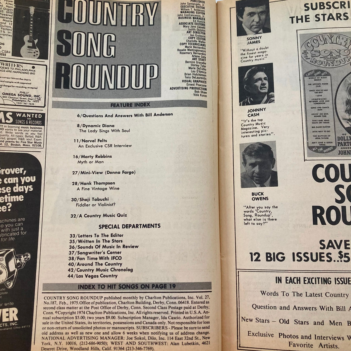 Interior page of Country Song Roundup Magazine, February 1975 showcasing the feature index, include interviews and articles.