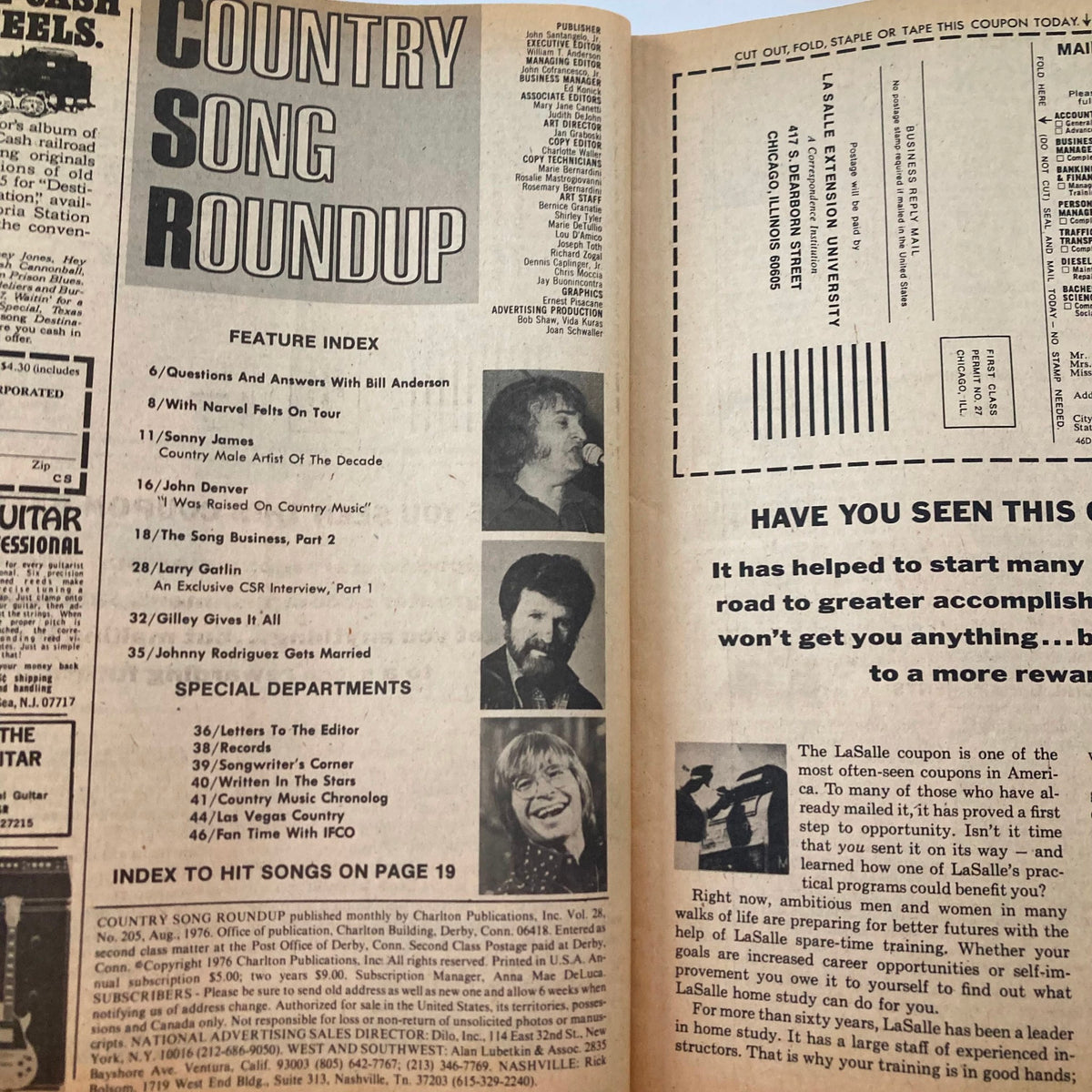 Interior page of Country Song Roundup Magazine August 1976, displaying the feature index with highlights about John Denver and Sonny James.