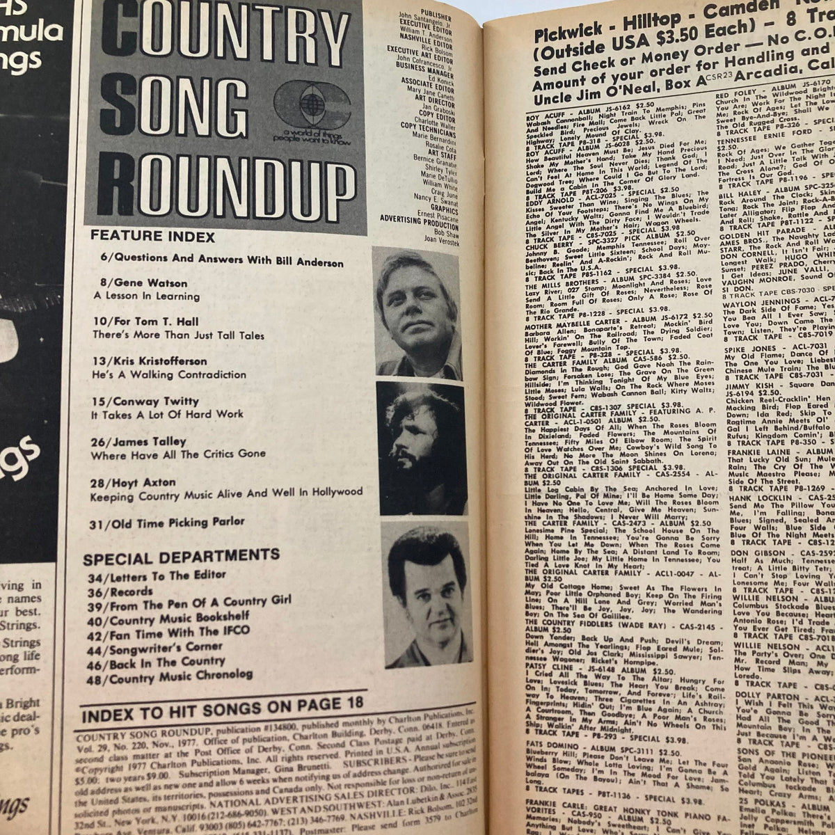 Vintage Country Song Roundup Magazine November 1977 Kris Kristofferson & Tom T. Hall