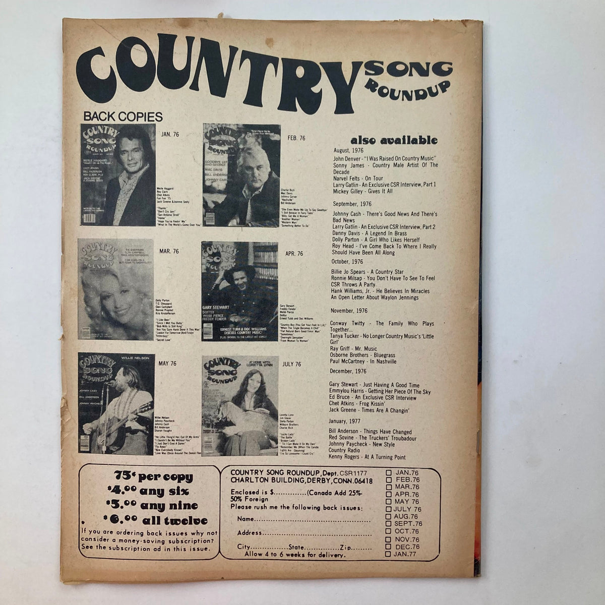 Vintage Country Song Roundup Magazine November 1977 Kris Kristofferson & Tom T. Hall