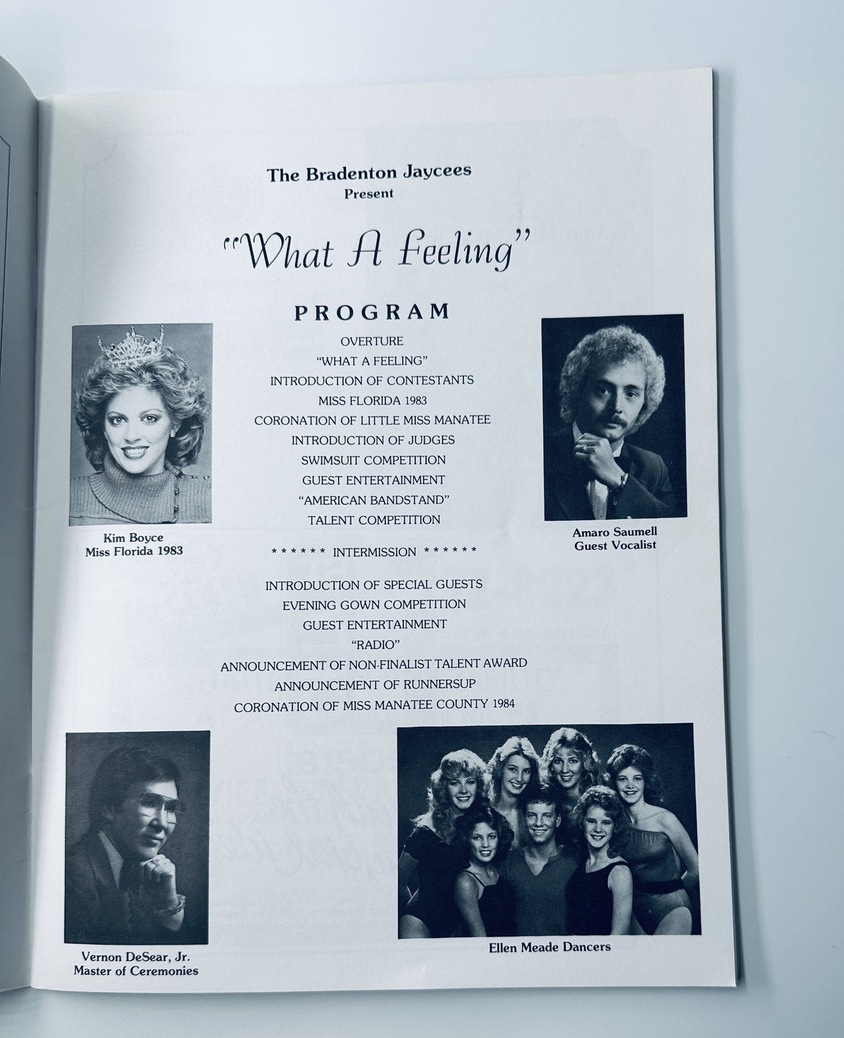 Interior page of 'Miss Manatee County Scholarship Pageant' magazine, presenting the program details including the overture, introductions, and various competitions held on November 19, 1983.