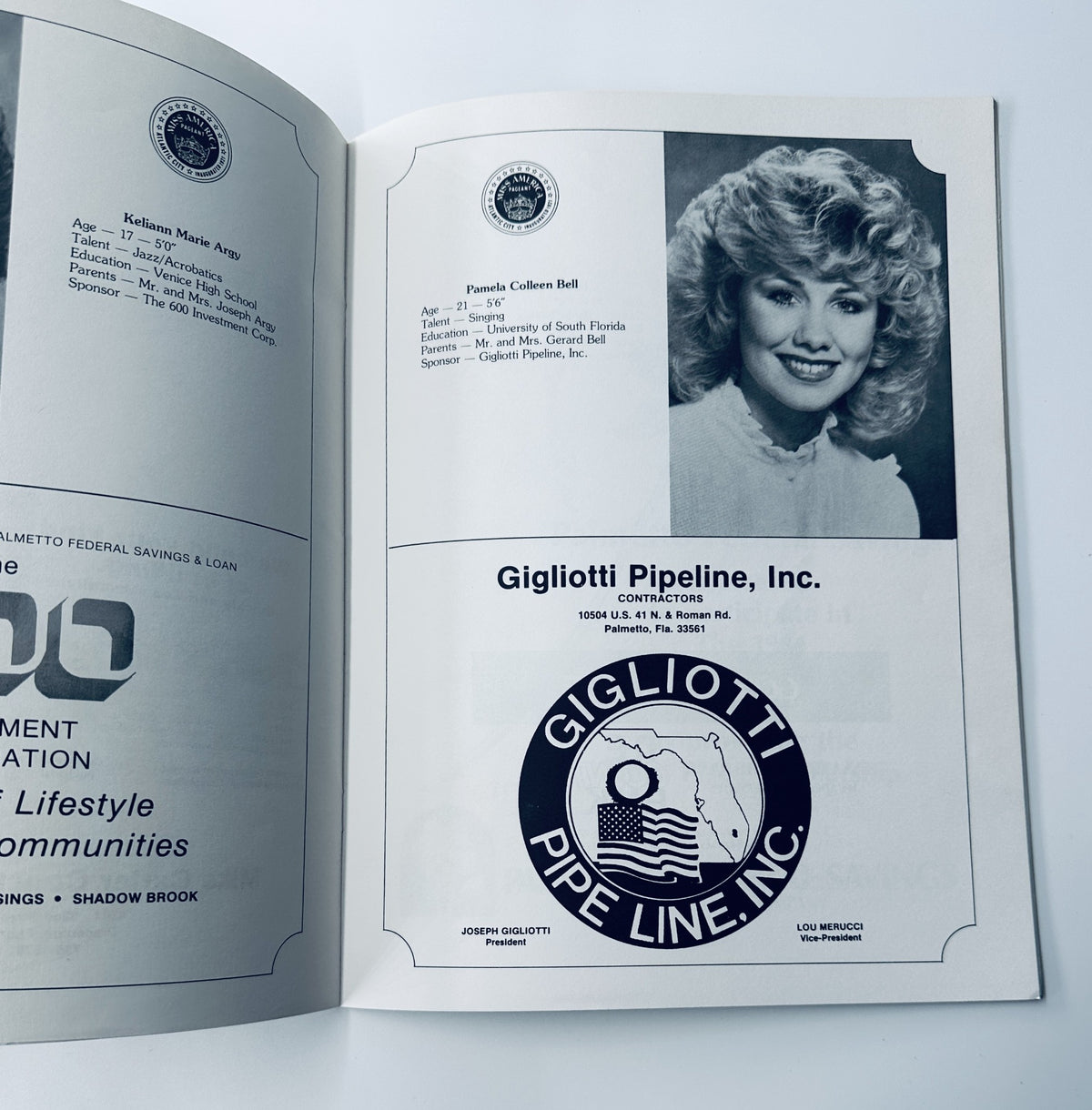 Image from the Miss Manatee County Scholarship Pageant Magazine, featuring contestant Pamela Colleen Bell, November 19, 1983, showcasing her sponsor Gigliotti Pipeline, Inc. Original Magazine.