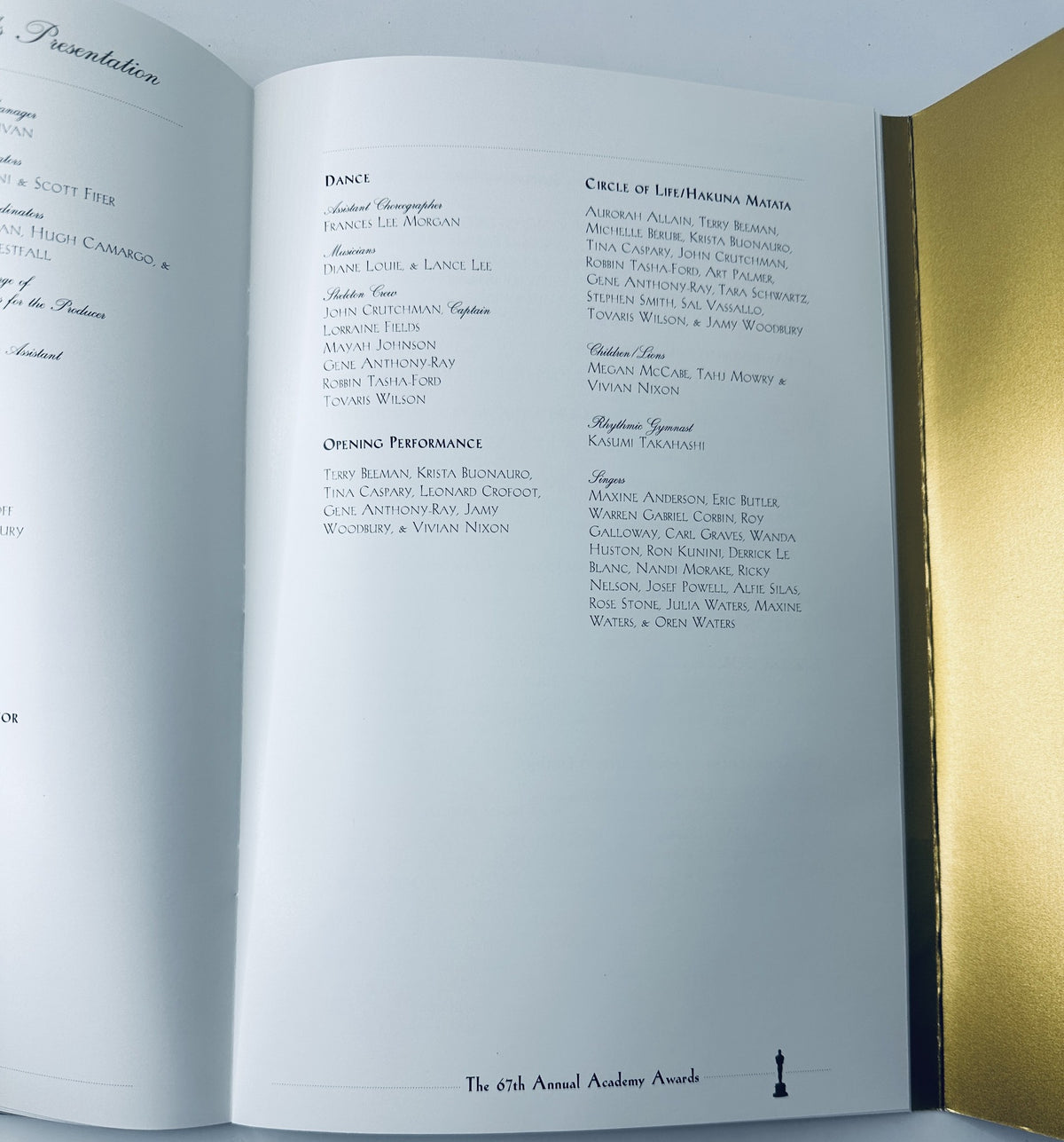 Dance and performance page from the 67th Annual Academy Awards Magazine Program, detailing participants of the dance event including names and roles.