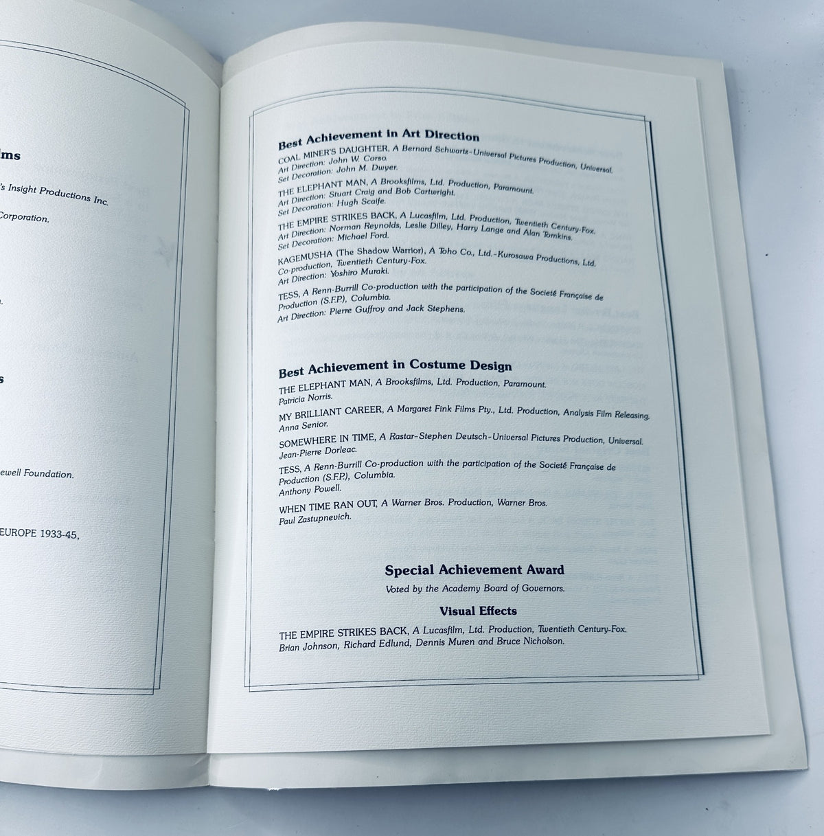 A page from the 53rd Annual Academy Awards Magazine listing the awards for Best Achievement in Art Direction and Costume Design, along with the Special Achievement Award.