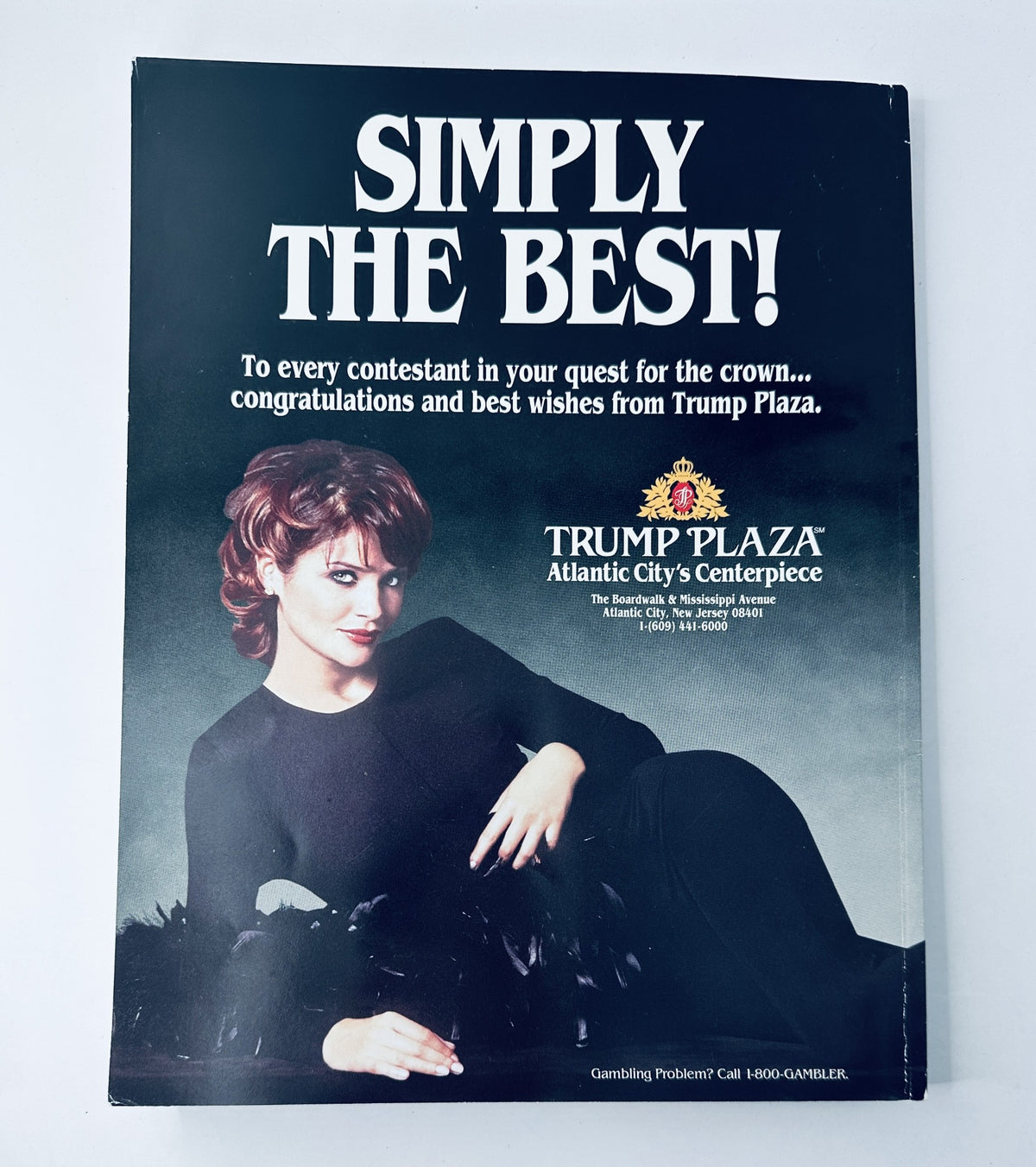 Ad from Miss America Magazine 1995 75th Anniversary Official Program congratulating contestants from Trump Plaza, featuring a model celebrating the pageant.