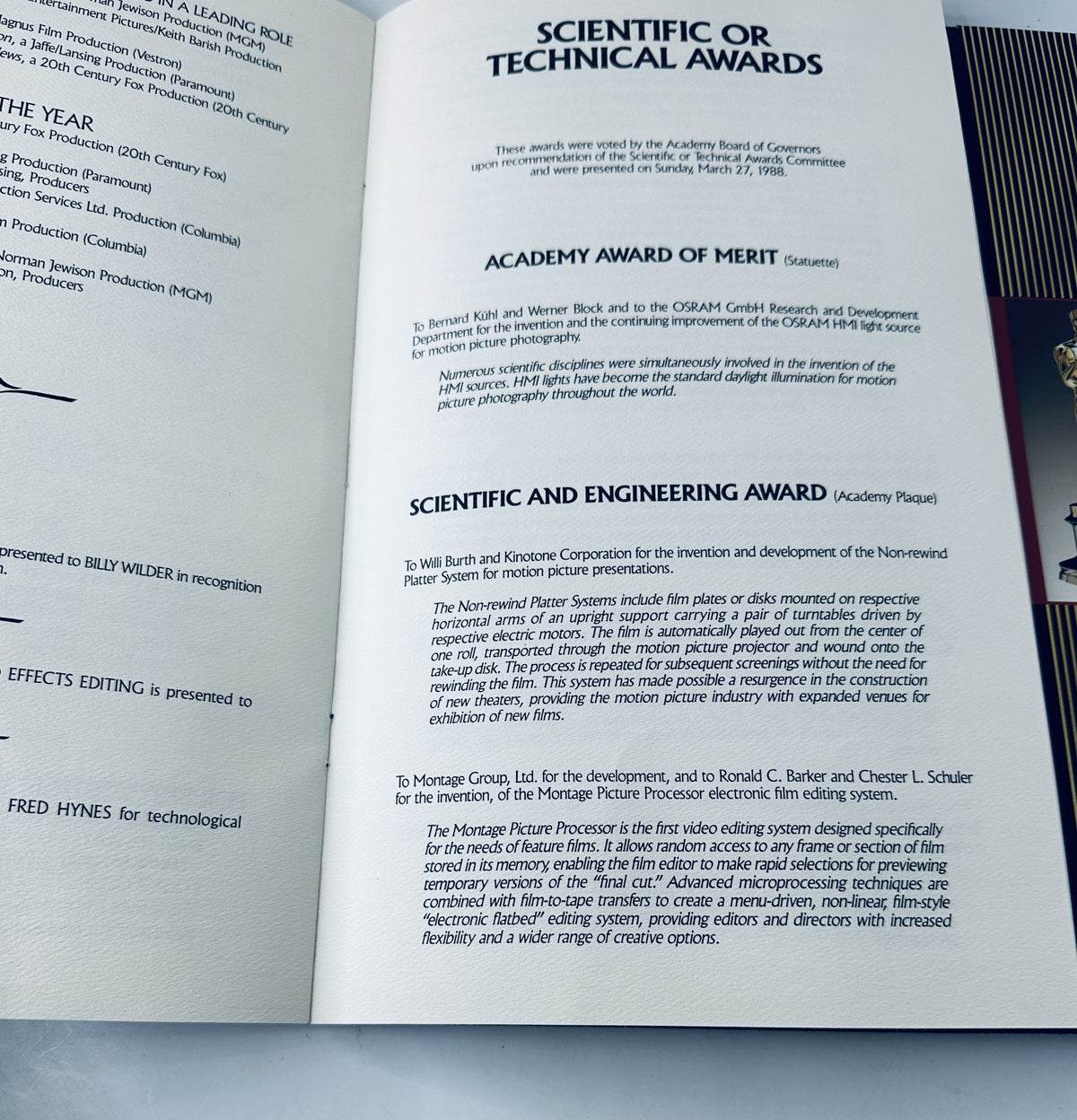 Scientific and Technical Awards section of the 60th Annual Academy Awards program, detailing Academy Award of Merit and Scientific and Engineering Award recipients.