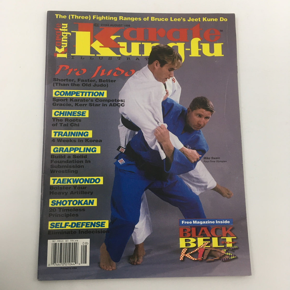 Cover of the Karate Kung Fu Illustrated magazine from August 1999, featuring Mike Swain, a four-time Olympian, demonstrating martial arts techniques. The magazine includes topics such as judo, training, taekwondo, and grappling.