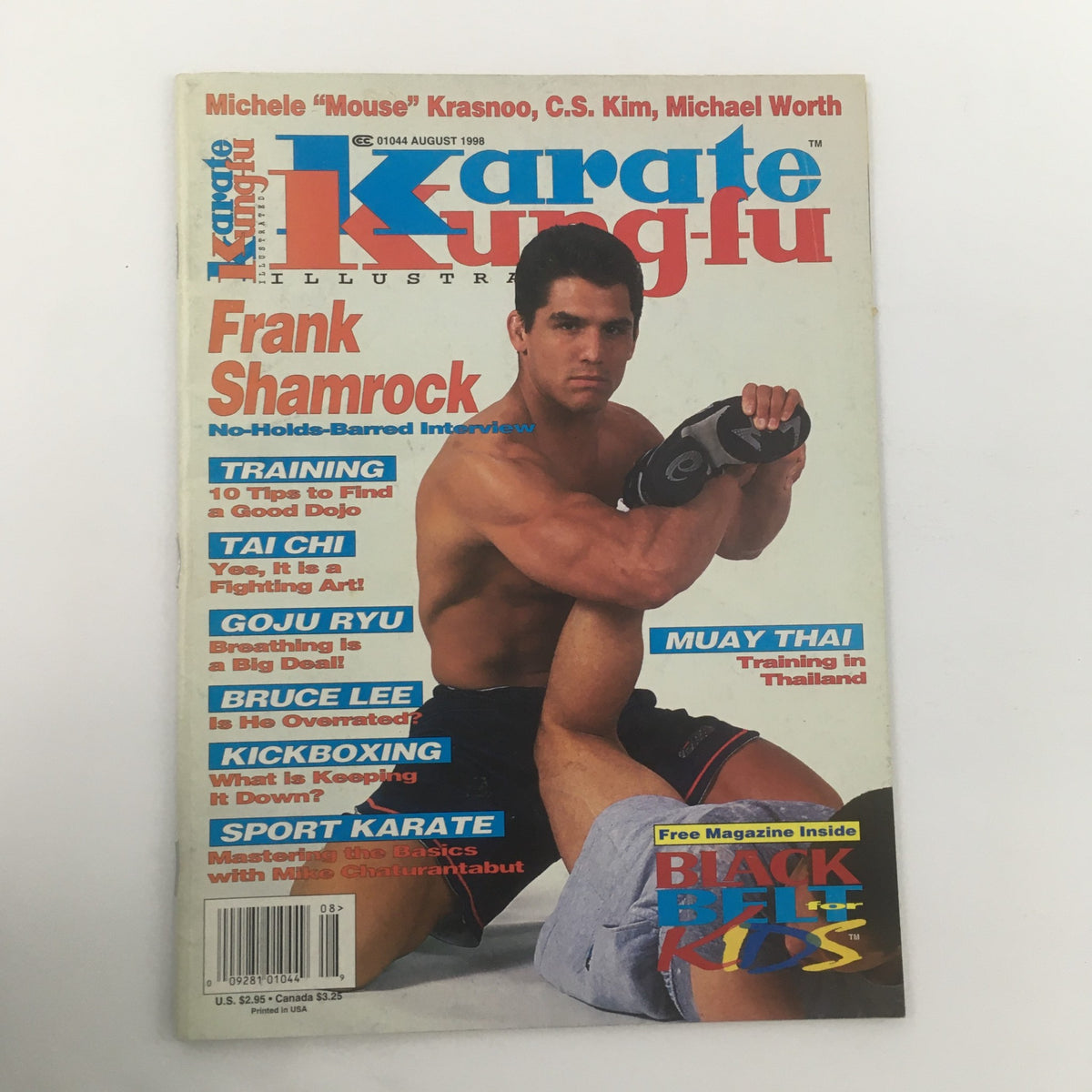 Cover of Karate Kung Fu Illustrated, August 1998 issue featuring Frank Shamrock. The magazine highlights topics such as No-Holds-Barred interviews, training tips, Tai Chi, Kickboxing, and techniques in Muay Thai.
