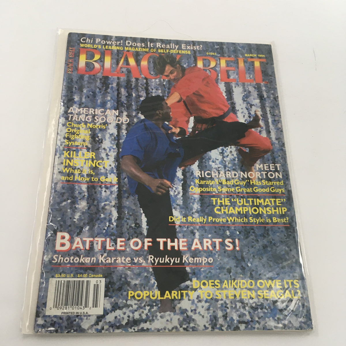 Cover of Black Belt Magazine from March 1994 featuring Richard Norton, labeled as 'Karate's Bad Guy.' The magazine highlights topics such as American Tang Soo Do and the Battle of the Arts: Shotokan Karate vs. Ryukyu Kempo, making it a collector's item for martial arts enthusiasts.