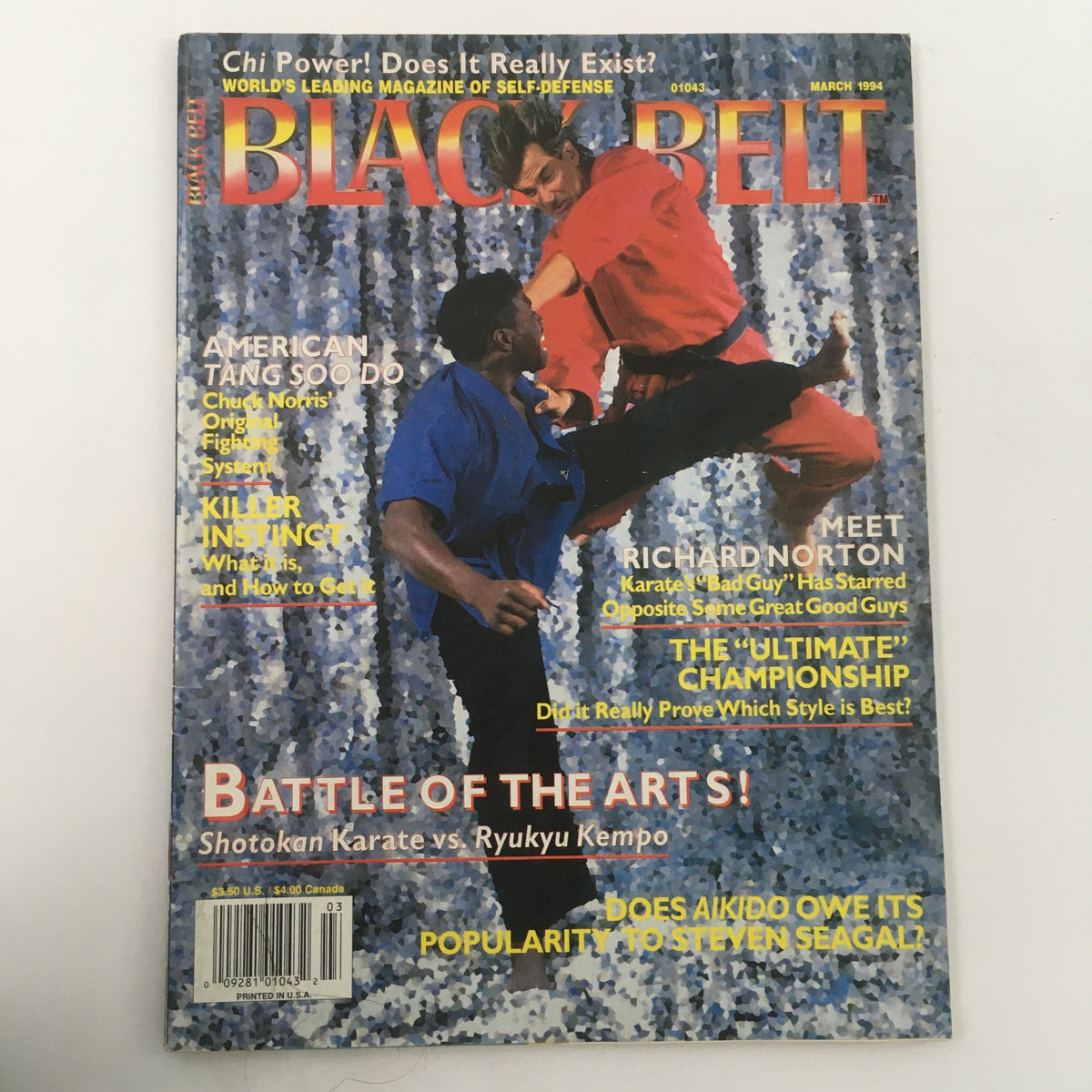 Black Belt Magazine March 1994 cover featuring Richard Norton, known as Karate's Bad Guy, showcasing a martial arts action scene with two practitioners. The magazine includes articles about American Tang Soo Do, Shotokan Karate vs. Ryukyukan Kempo, and the influence of Chi Power in martial arts.