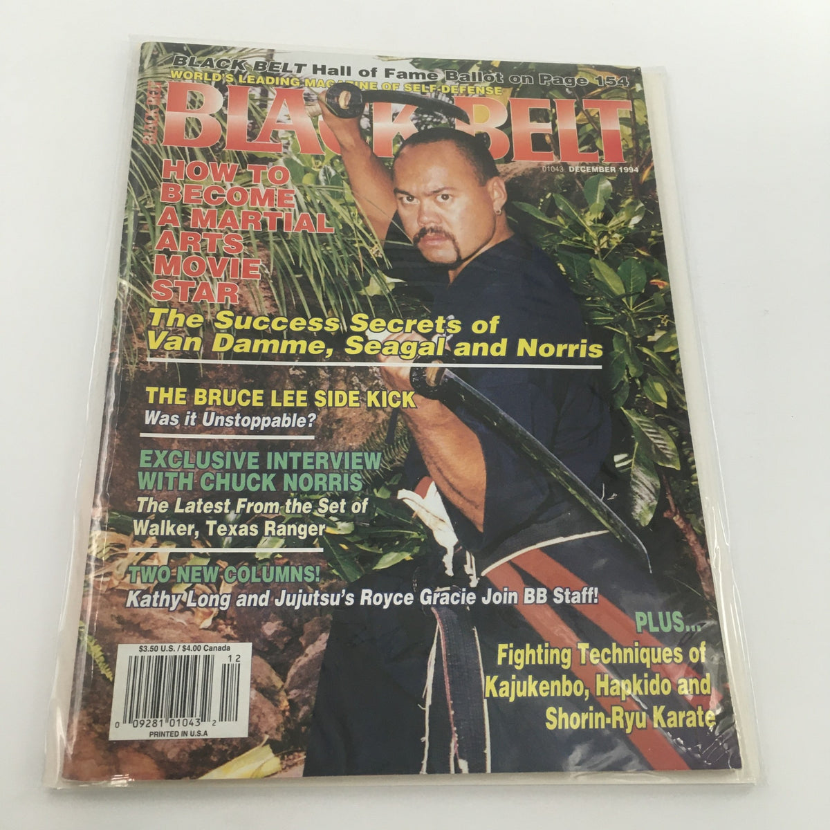 Cover of Black Belt Magazine, December 1994 featuring martial artist with a katana, showcasing stories on martial arts movie stars and training techniques.