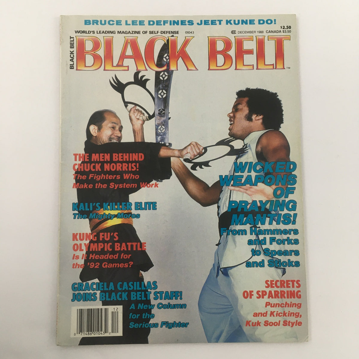 Front cover of Black Belt Magazine, December 1988, highlighting Bruce Lee's influence on martial arts, includes articles on Chuck Norris and other martial arts content.