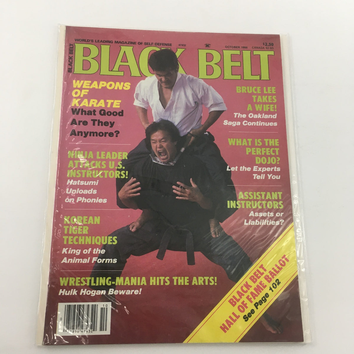 Cover of Black Belt Magazine October 1986 featuring Korean Tiger Techniques and martial arts news, showcasing two practitioners in martial arts attire engaged in a dramatic pose.