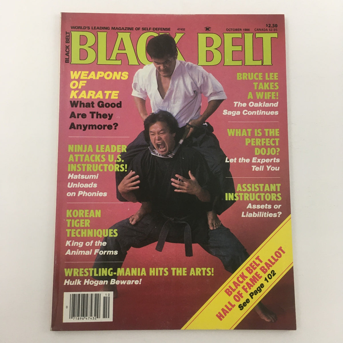 Cover of Black Belt Magazine October 1986 highlighting Korean Tiger Techniques, with a vibrant design presenting martial artists and articles related to self-defense and combat.