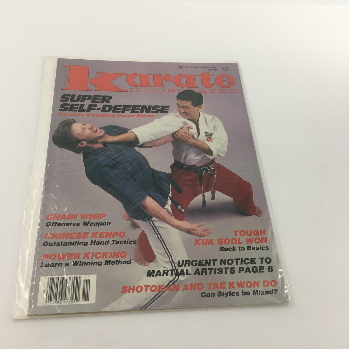 Karate Illustrated Magazine November 1985 cover featuring Super Self-Defense techniques, highlighting Shotokan and Tae Kwon Do styles, with vibrant visuals and compelling headlines.