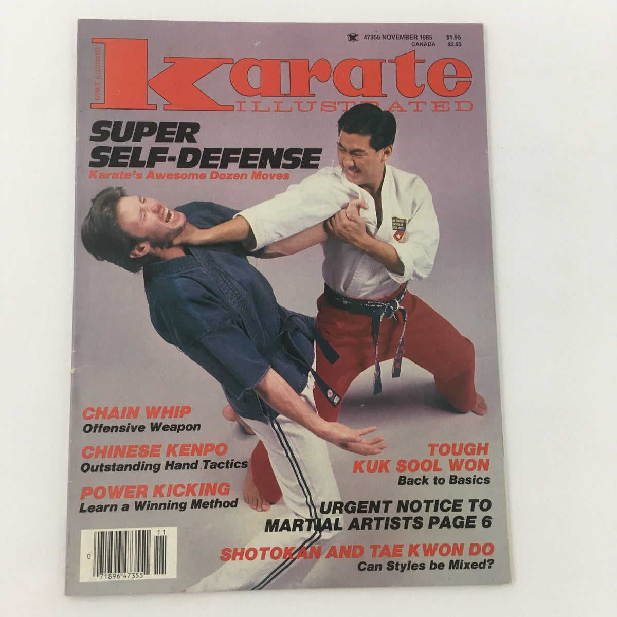 Karate Illustrated Magazine November 1985 showcasing martial arts topics including Super Self-Defense, Chain Whip, and Chinese Kenpo with the magazine's striking title and visual elements.