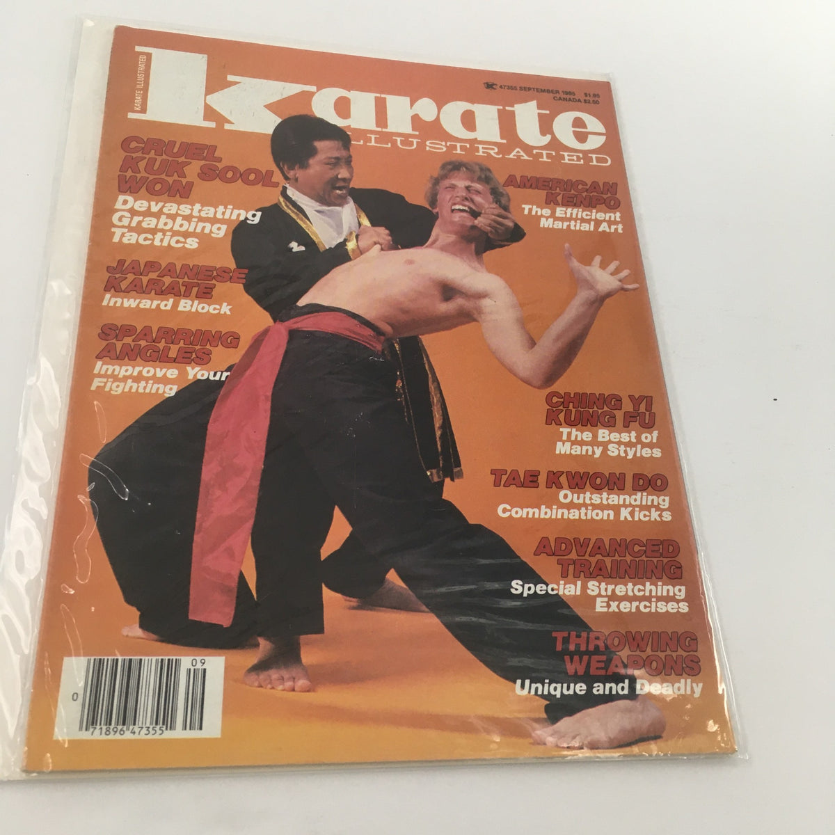 Cover of Karate Illustrated Magazine September 1985 featuring the title 'Karate Illustrated', with articles on 'Cruel Kuk Sool Won Tactics', 'Japanese Karate', and 'Sparring Angles', showcasing martial arts techniques and expertise.