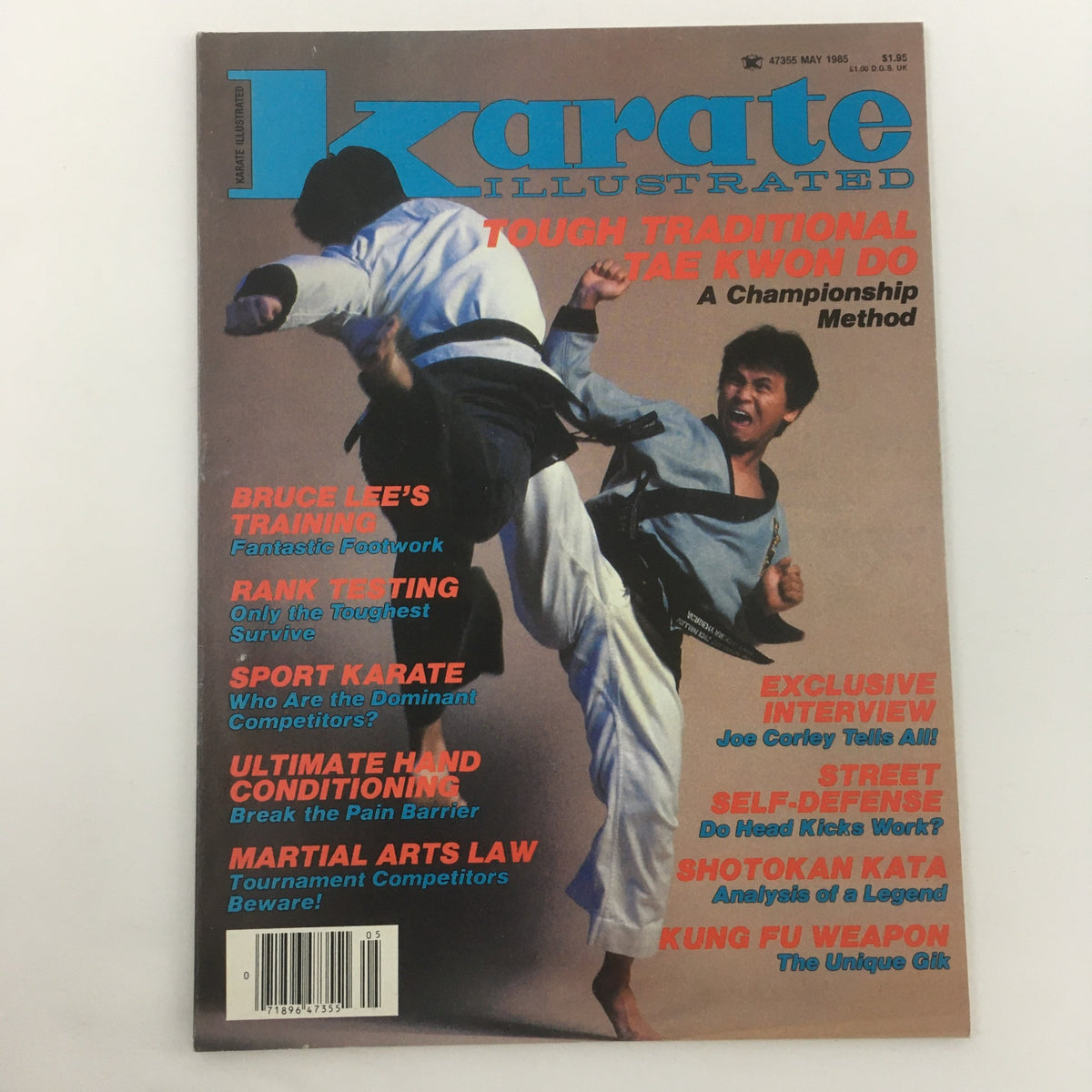Close-up view of Karate Illustrated Magazine from May 1985, highlighting the exclusive interview with Joe Corley, alongside headlines about karate training and martial arts competitions.