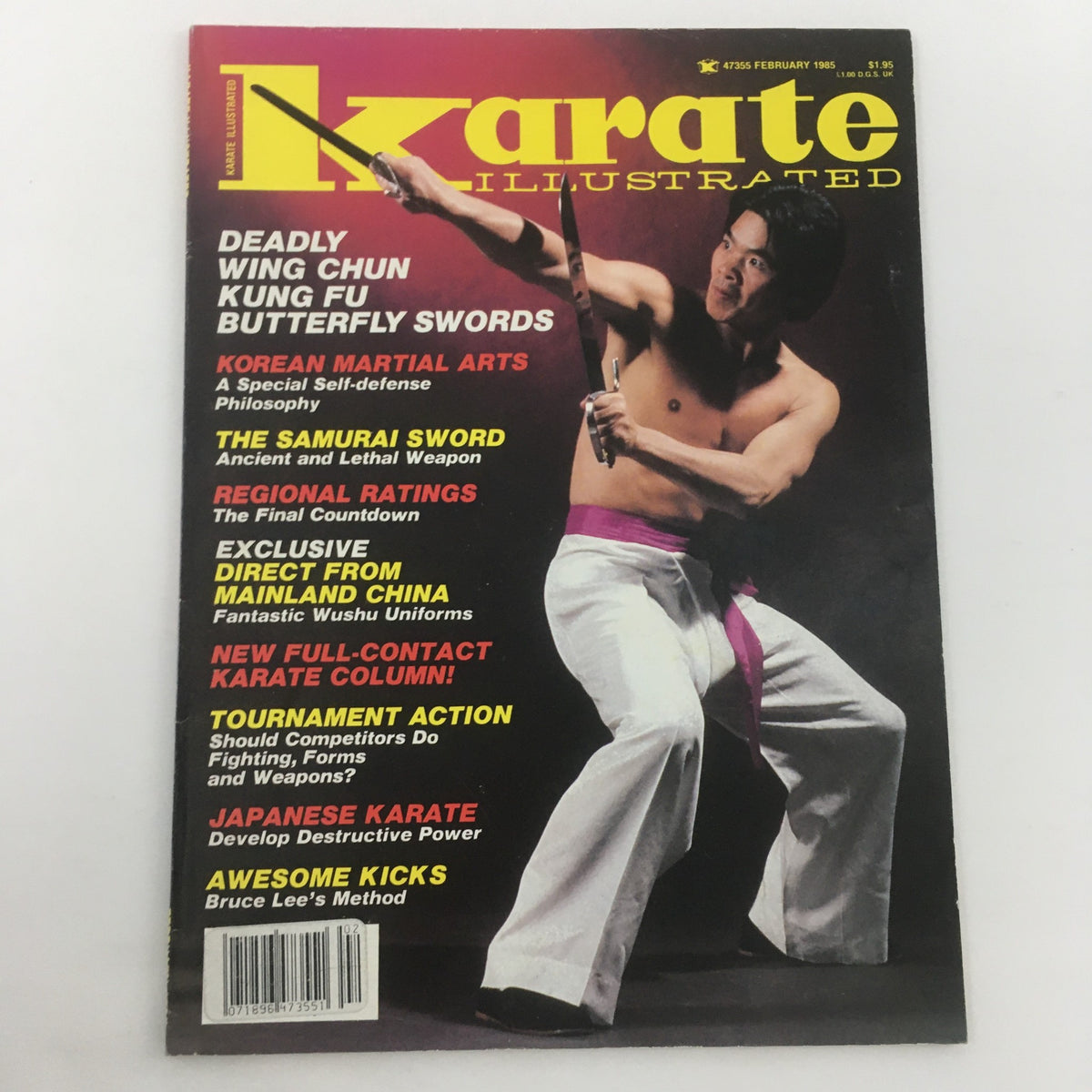 Cover of Karate Illustrated Magazine February 1985 showing a martial artist practicing with butterfly swords, highlighting topics like the Samurai Sword and tournament action, perfect for martial arts enthusiasts and collectors.