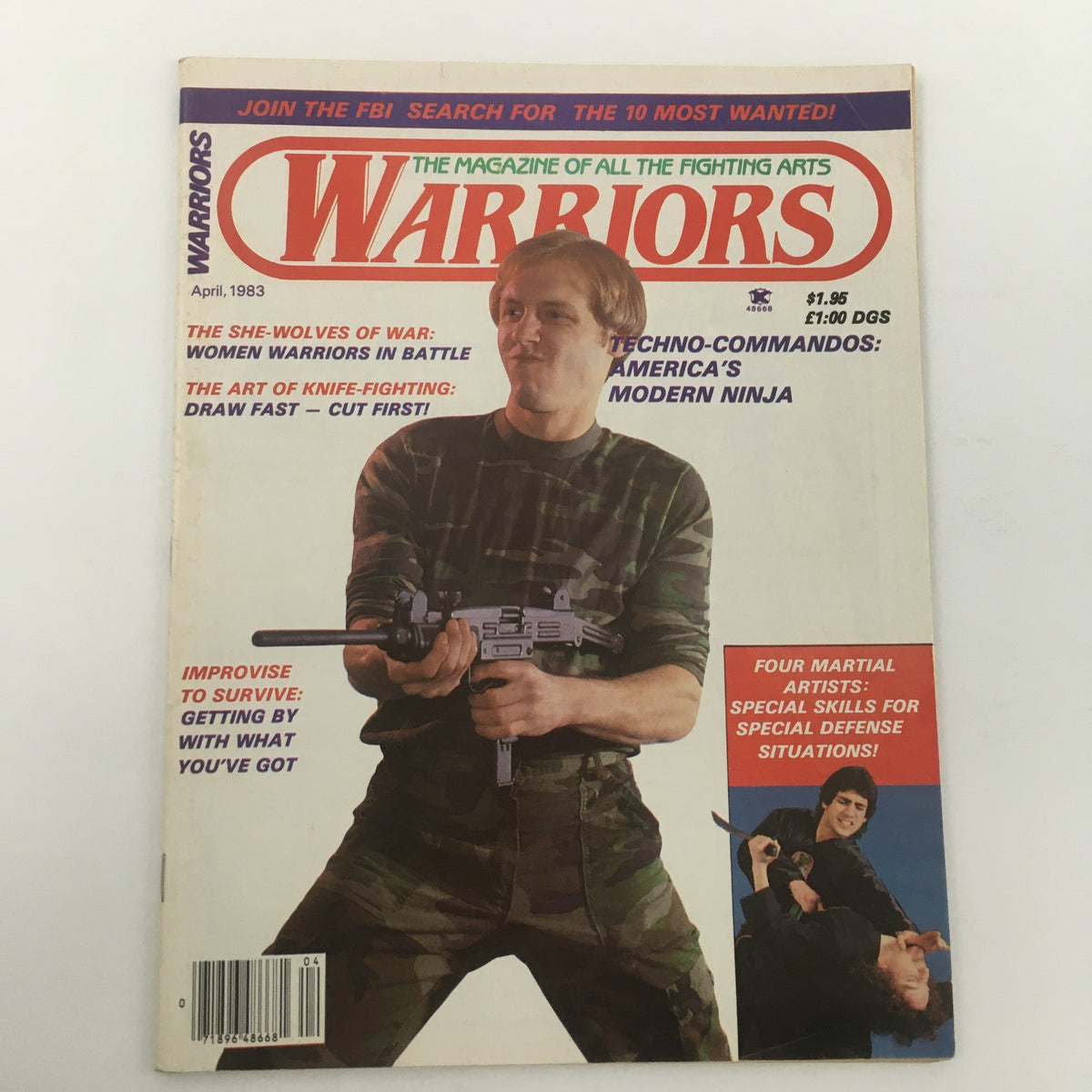Another view of the cover of Warriors Magazine April 1983 highlighting Techno-Commandos, America's Modern Ninja. The image shows a man in camouflage with a firearm, highlighting the vintage martial arts culture.