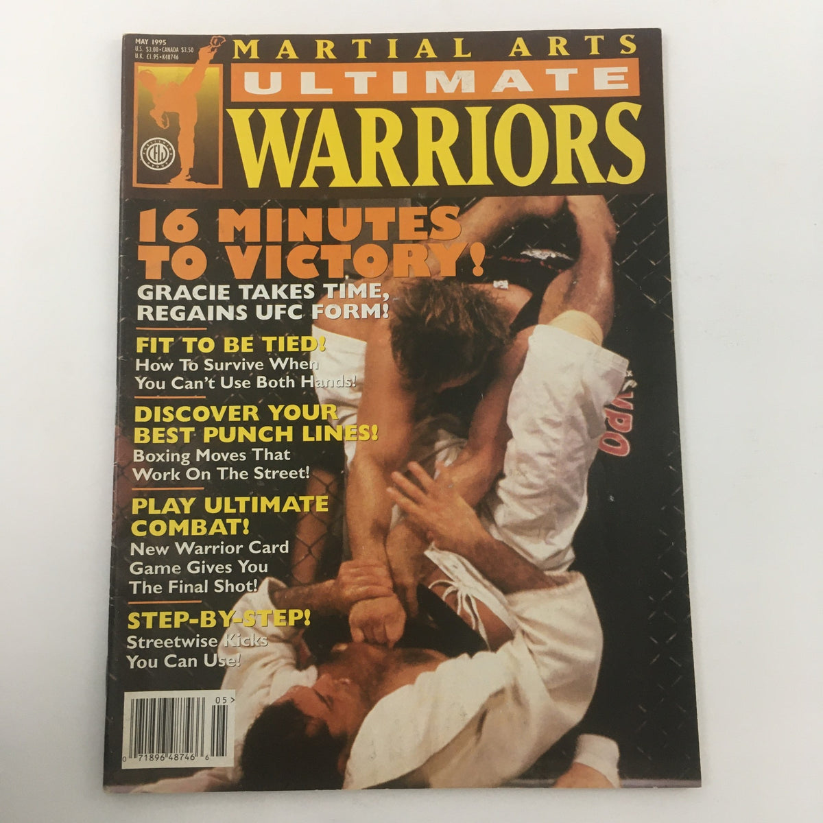 Front cover of Martial Arts Ultimate Warriors Magazine May 1995, showcasing Royce Gracie and articles on survival tactics and martial arts training techniques.
