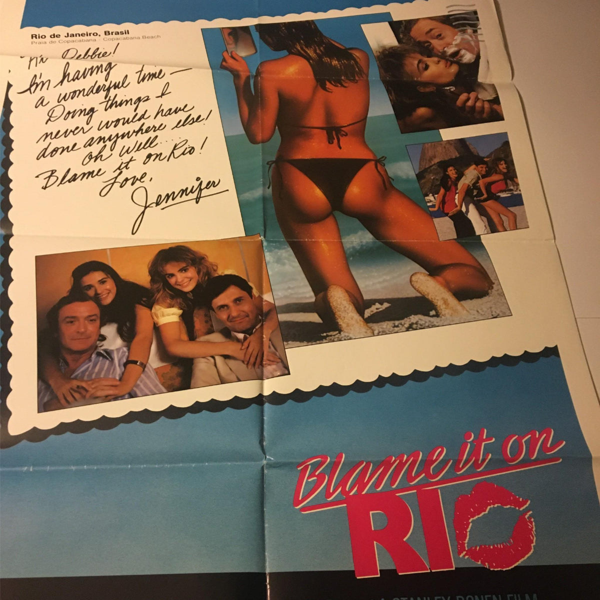 1984 Blame it on Rio 41" x 27" Original Movie Poster featuring Michael Caine, Demi Moore with vibrant beach imagery and a collection of film stills.
