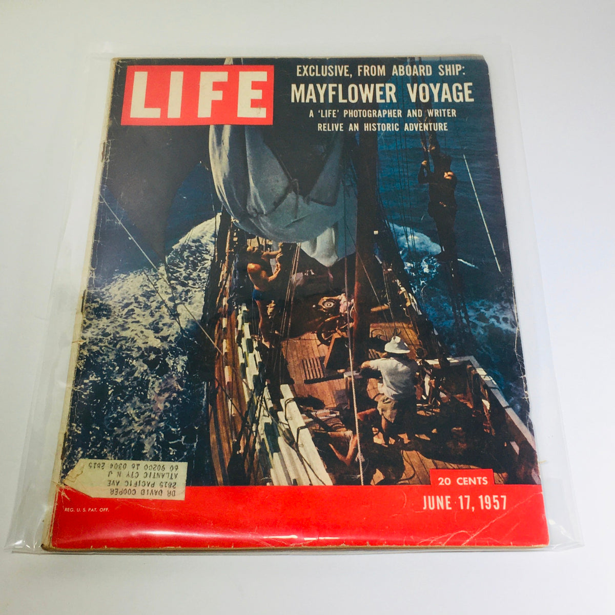 VTG Life Magazine Cover - June 17, 1957 - Exclusive: From Aboard Ship - Mayflower Voyage featuring sailors aboard a ship at sea with a vibrant cover design.
