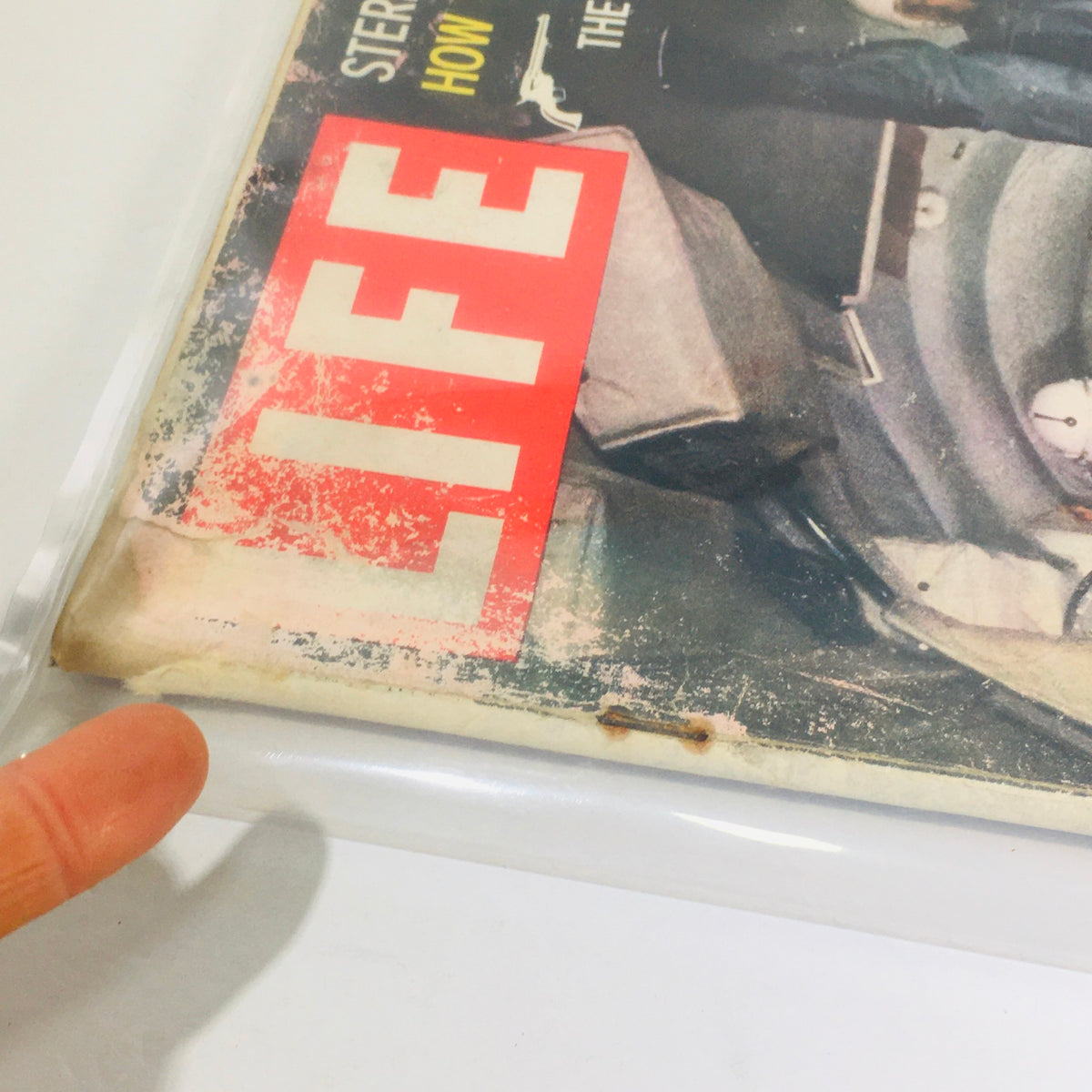 Close-up of the cover of Vintage Life Magazine, dated April 13, 1959, highlighting the title and details related to weightless airmen and space tests.