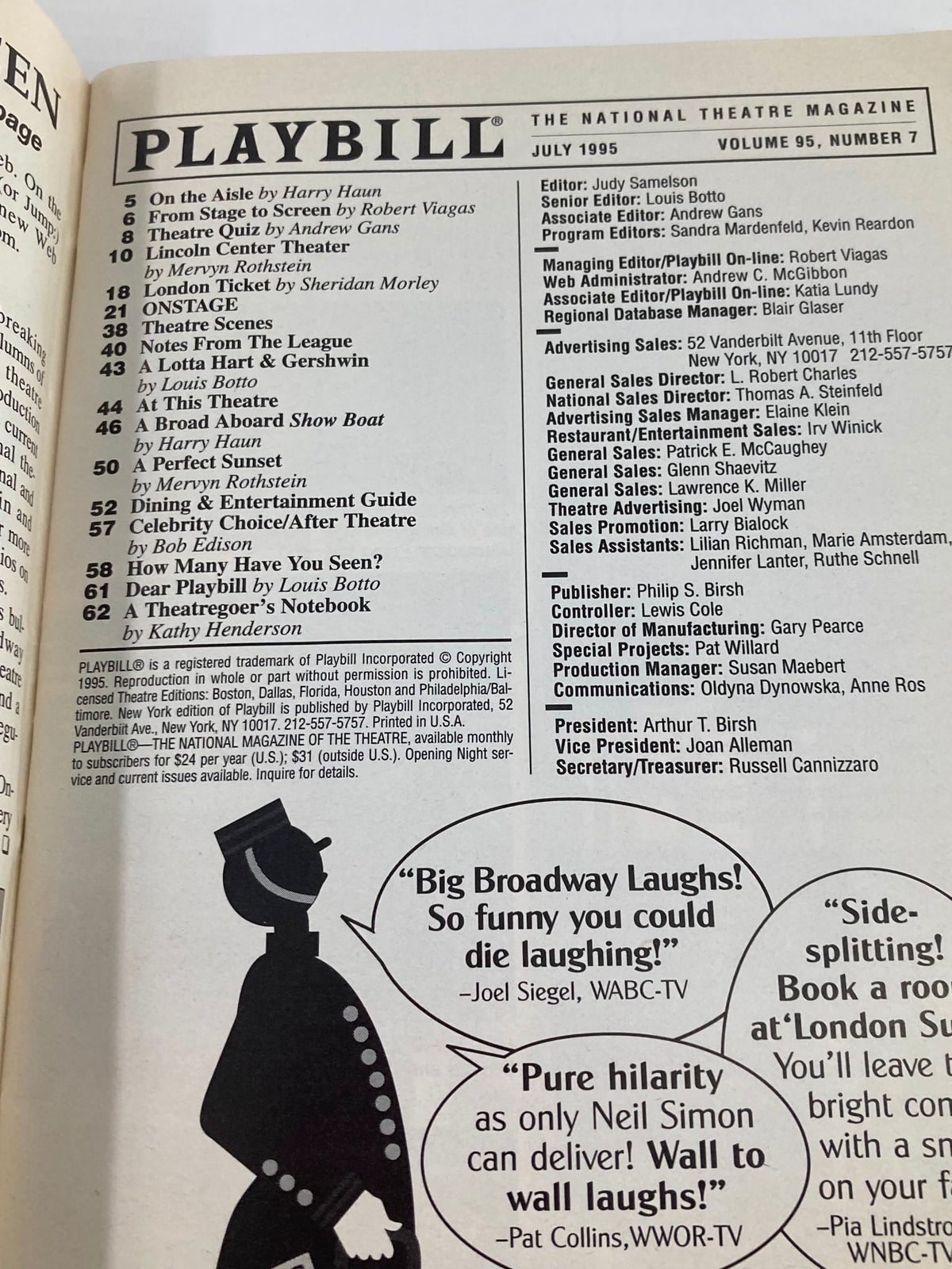 Inside page of the 1995 Playbill for Love! Valour! Compassion! listing various articles from the National Theatre Magazine, including credits and cast information.