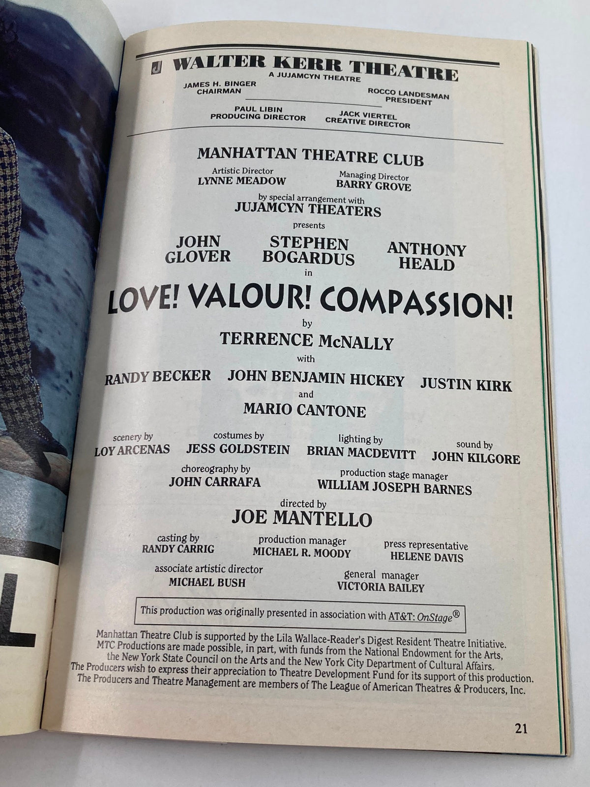 Inside page of the 1995 Playbill for Love! Valour! Compassion! featuring detailed cast and production team credits at Walter Kerr Theatre.