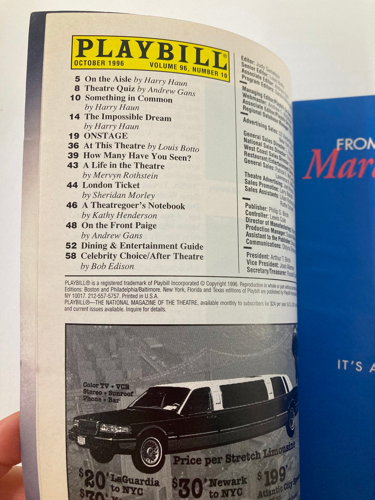 Page from the October 1996 Playbill showcasing the contents and featured articles, including a spotlight on the production of Grace & Glorie at the Criterion Center Laura Pels Theatre.