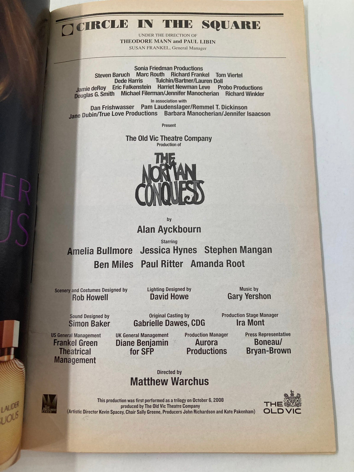 2009 Playbill from Circle in the Square featuring the production of The Norman Conquests, starring Amelia Bullmore. A collectible theater program showcasing a blend of humor and drama.