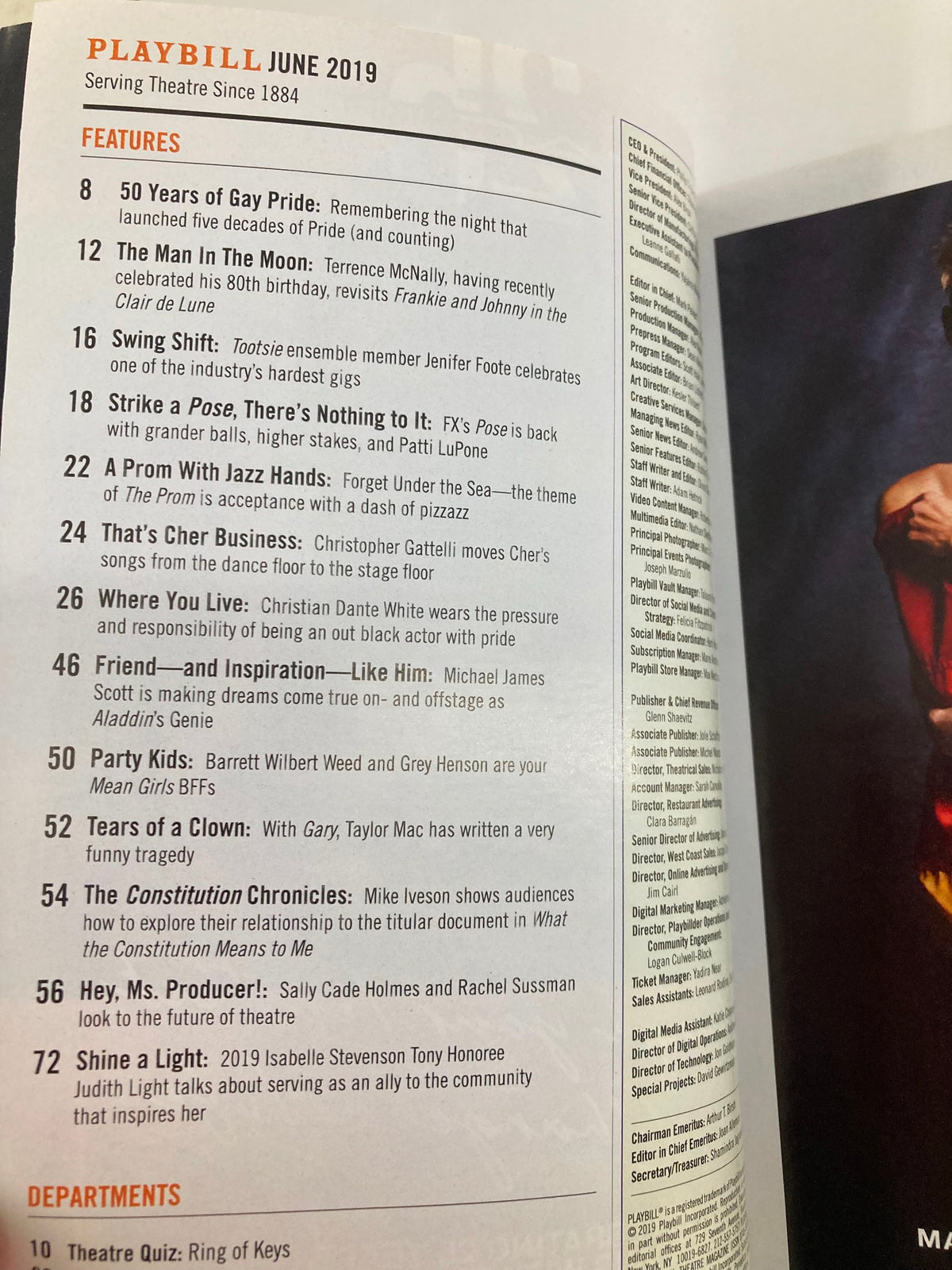 Interior page from the 2019 Playbill Studio 54 featuring Kiss Me, Kate, highlighting show features and articles related to Broadway performances.