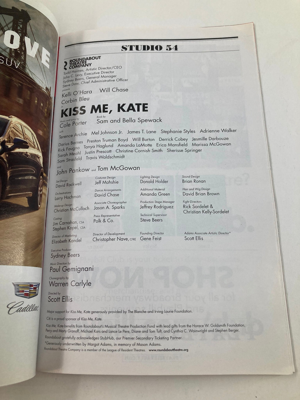 Inside page of the 2019 Playbill for Kiss Me, Kate, showcasing cast and crew details, from the iconic Studio 54 production featuring Terence Archie and Mel Johnson Jr.