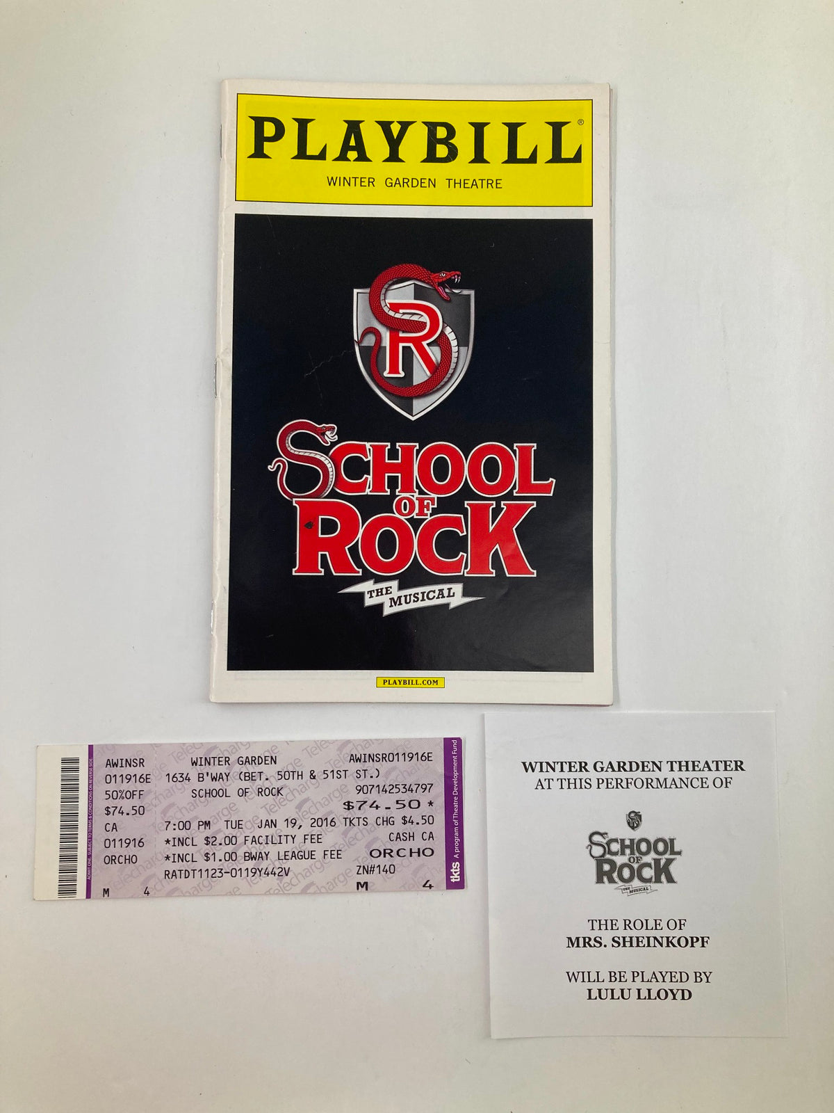 2016 Playbill for School of Rock at Winter Garden Theatre featuring Alex Brightman, along with ticket stubs and program details.
