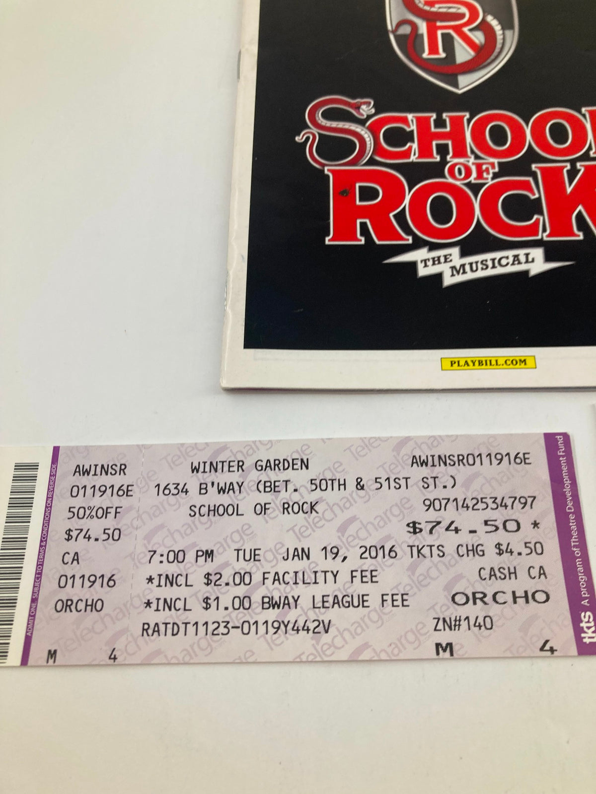 Another ticket stub for School of Rock at Winter Garden Theatre, highlighting seating and additional fees for the January 19, 2016 show.
