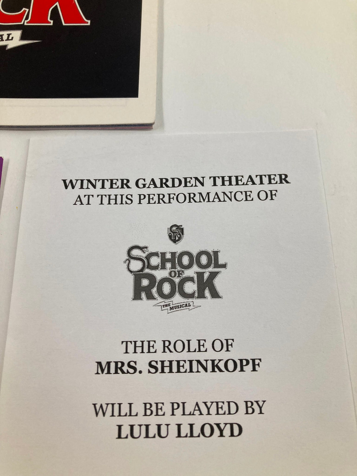 Program information for School of Rock at Winter Garden Theatre, detailing the role of Mrs. Sheinkopf to be played by Lulu Lloyd.