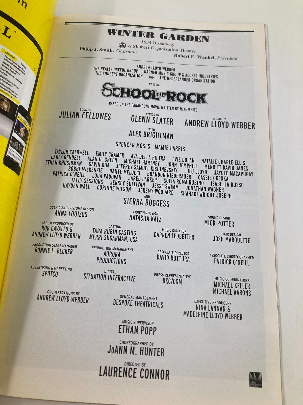 2016 Playbill from the Winter Garden Theatre showcasing Alex Brightman in School of Rock, featuring cast list and production details.