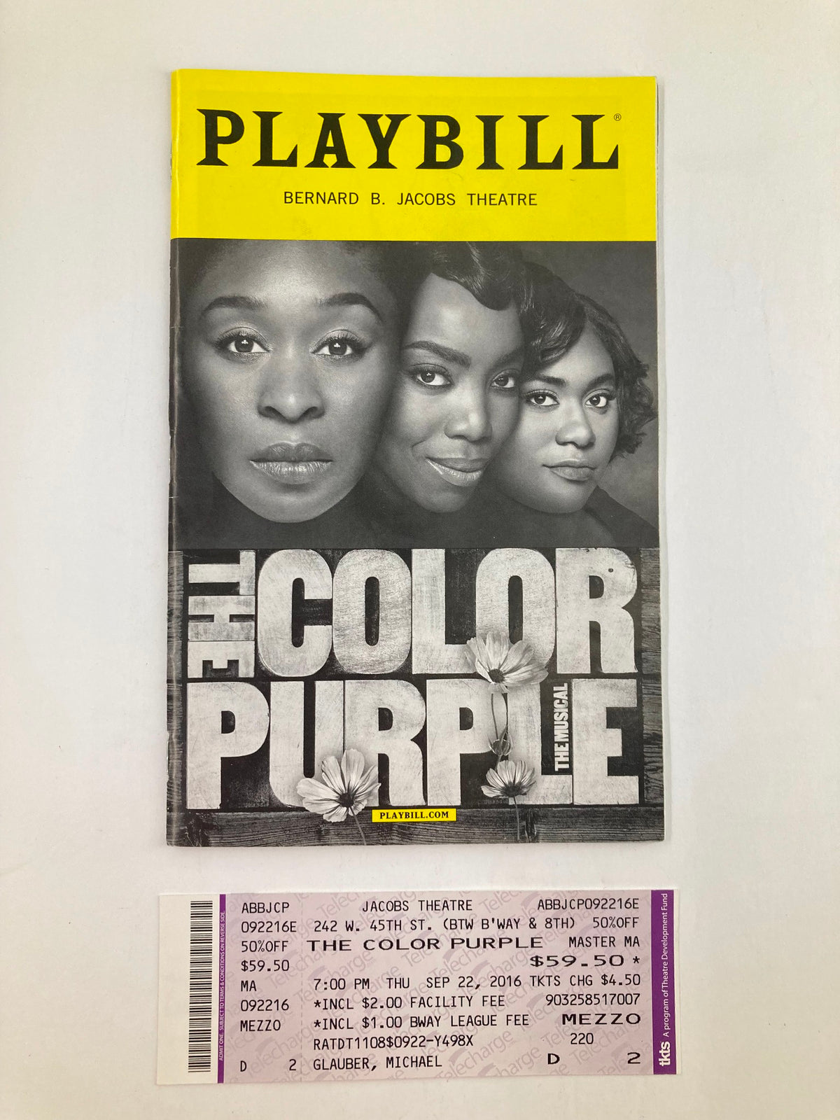 2016 Playbill for The Color Purple at Bernard B. Jacobs Theatre, featuring a black and white cover with prominent images of cast members, alongside original ticket stubs for the performance.