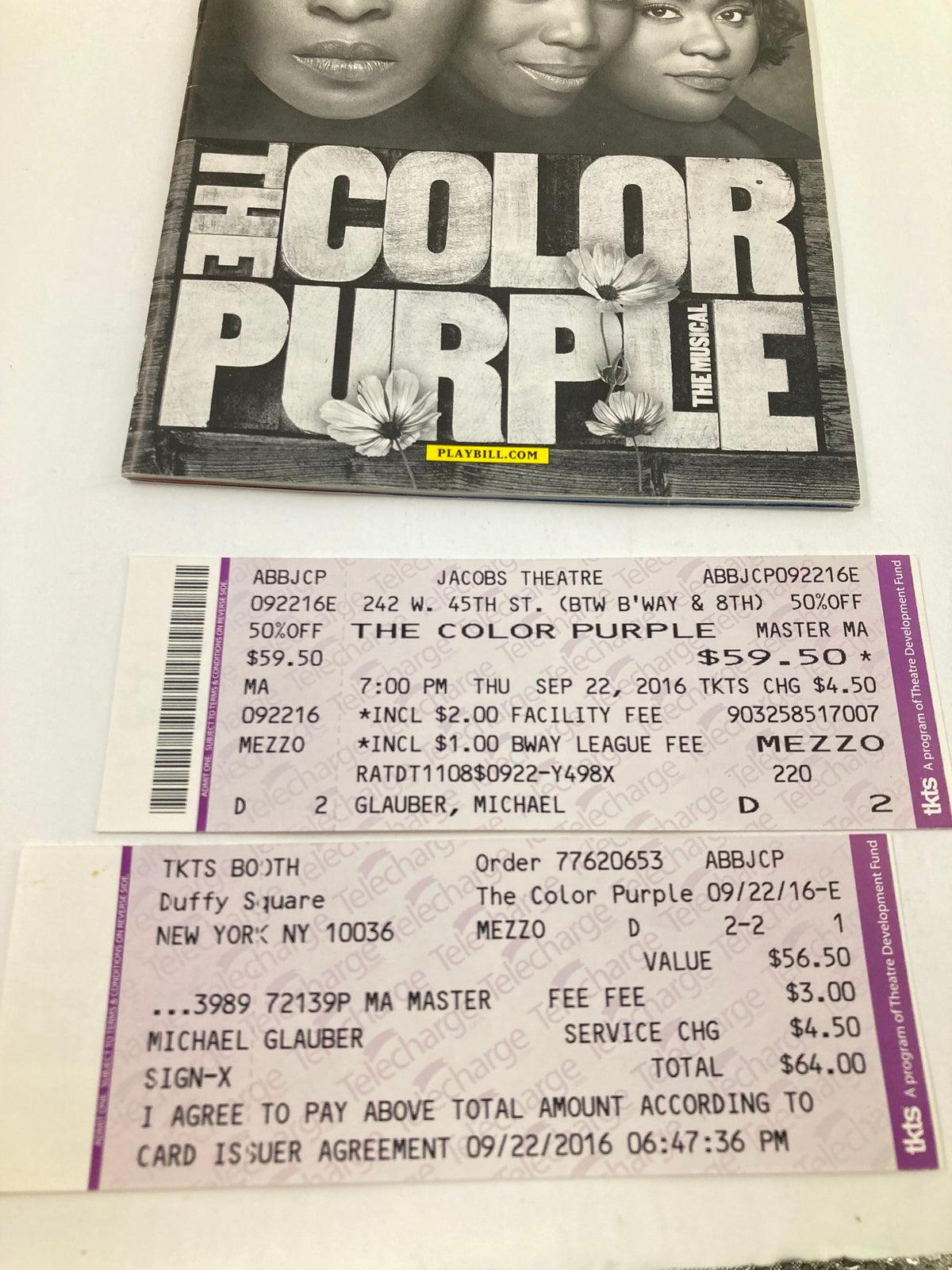 2016 Playbill for The Color Purple with original ticket stubs from the performance at Bernard B. Jacobs Theatre.