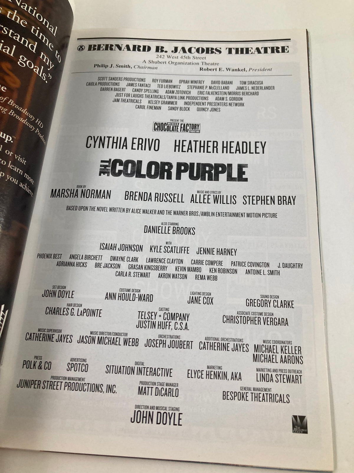 Playbill advertisement for The Color Purple at Bernard B. Jacobs Theatre, showcasing cast details and crew information.