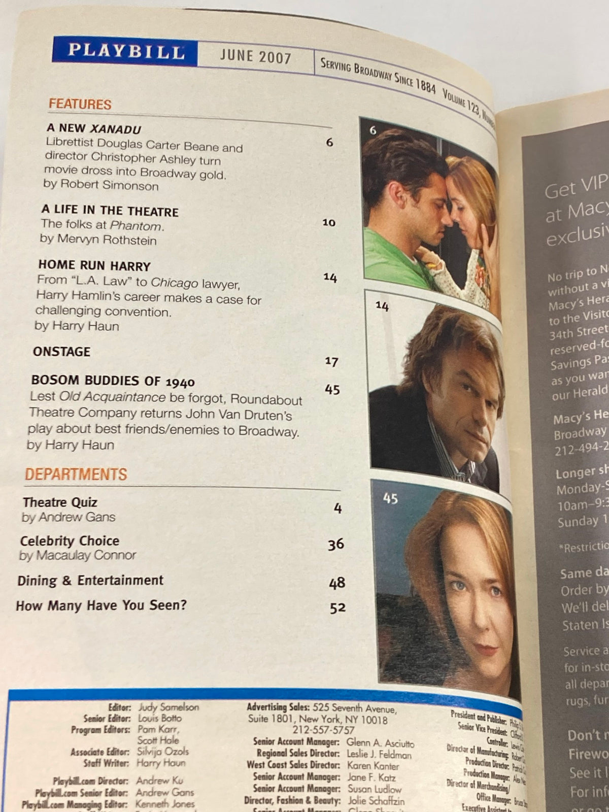 Image from the 2007 Playbill for Longacre Theatre featuring a highlight on the cast and notable features of the production of Talk Radio, showcasing Stephanie March, Peter Hermann, and more.