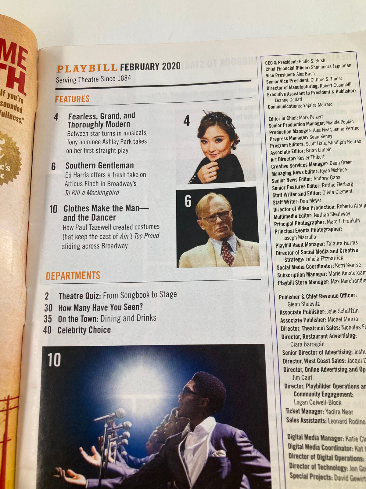 Inside of the 2020 Playbill detailing features and sections including articles on modern musicals and celebrity profiles.