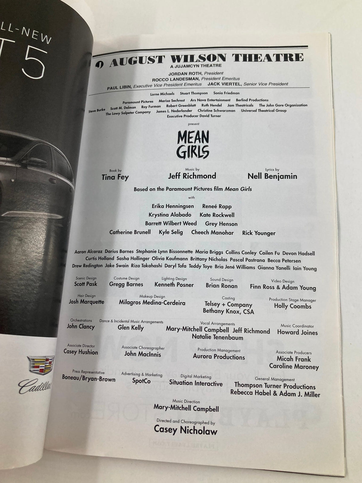 Credits page of the 2020 Playbill for Mean Girls at August Wilson Theatre, listing creative team and cast members involved in the production.