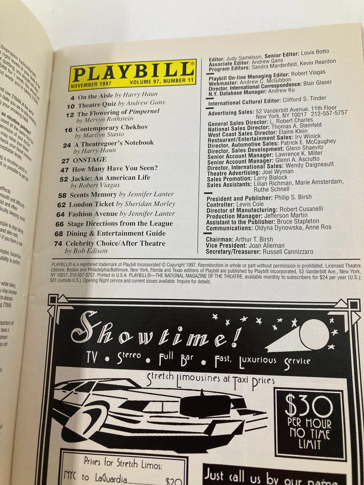 Inside page of the 1997 Playbill for 'Two Pianos, Four Hands,' showcasing notable articles and features related to the show.
