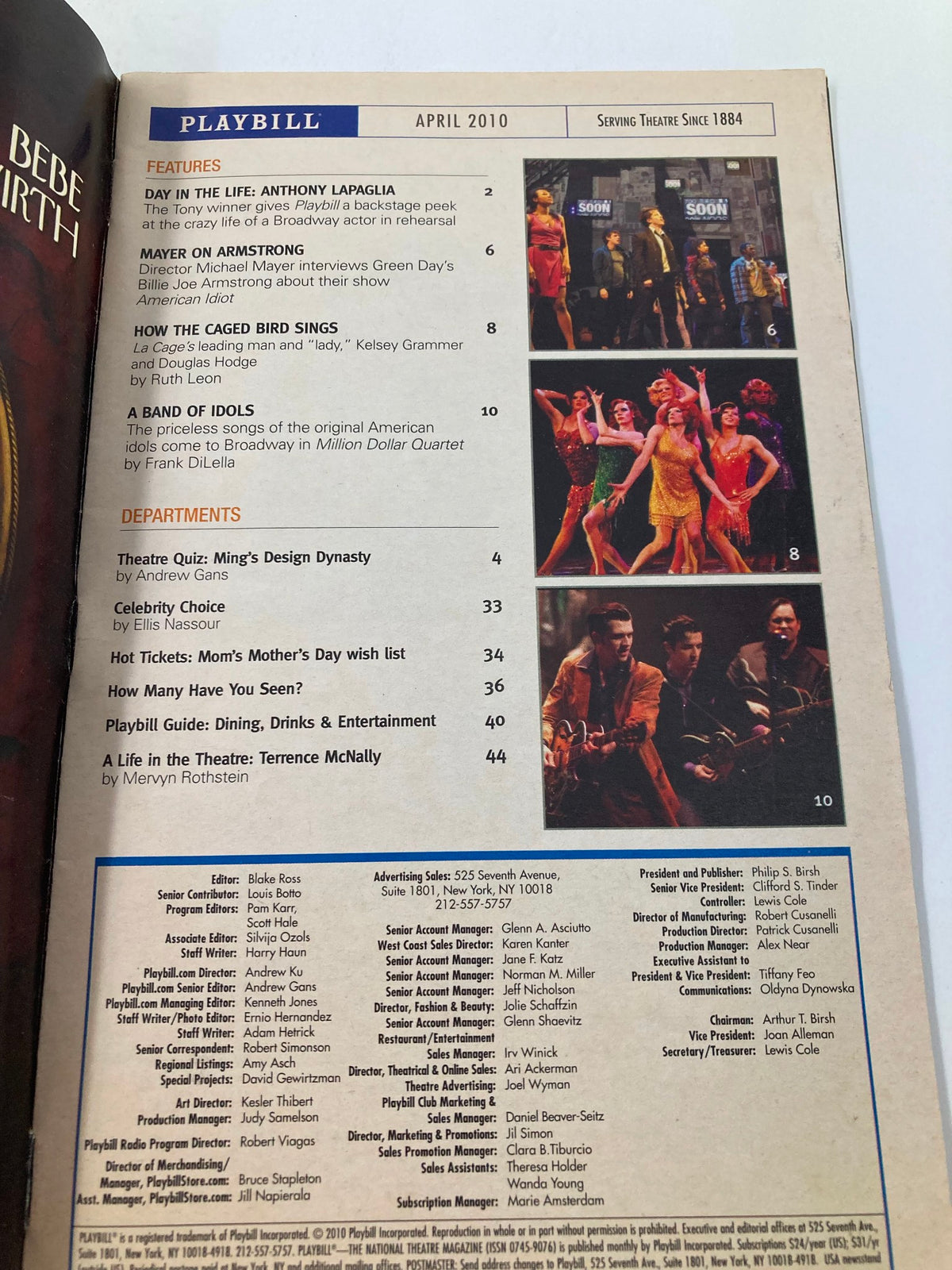 Interior page of the 2010 Playbill for Billy Elliot The Musical at the Imperial Theatre, featuring features and advertisement sections.