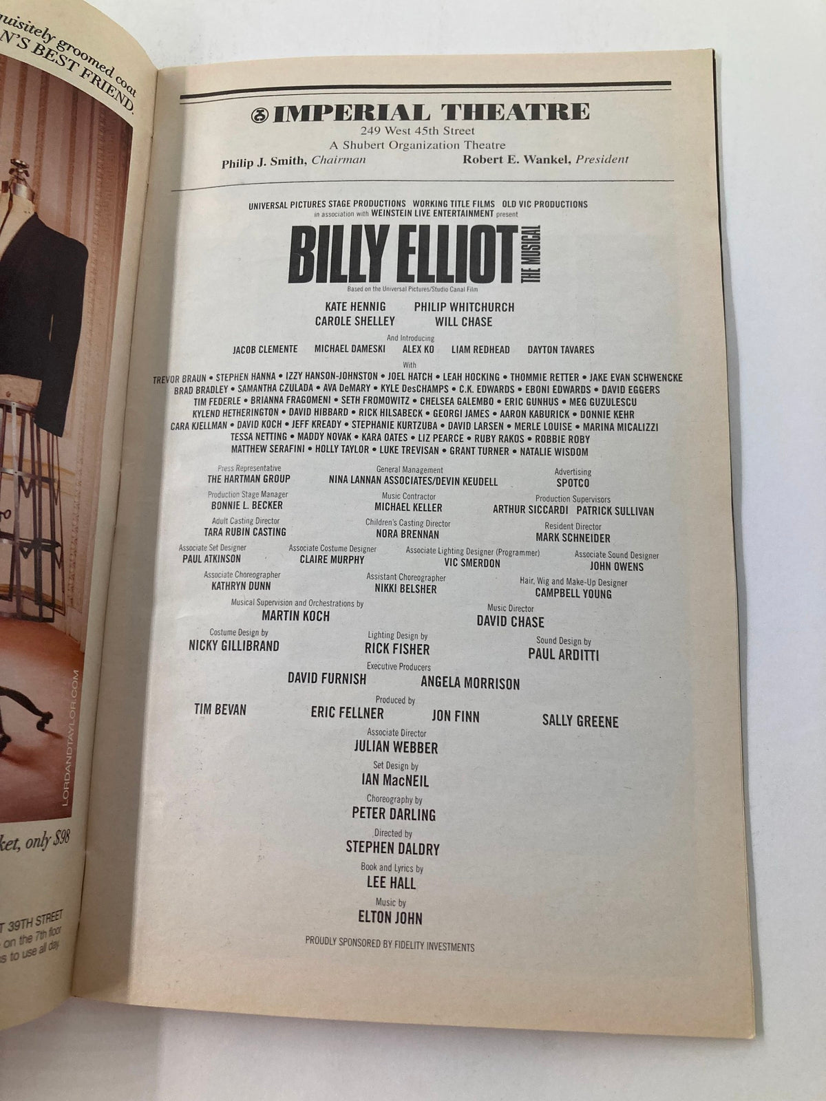 Back cover of the 2010 Playbill for Billy Elliot The Musical at the Imperial Theatre, displaying original cast and crew listings.