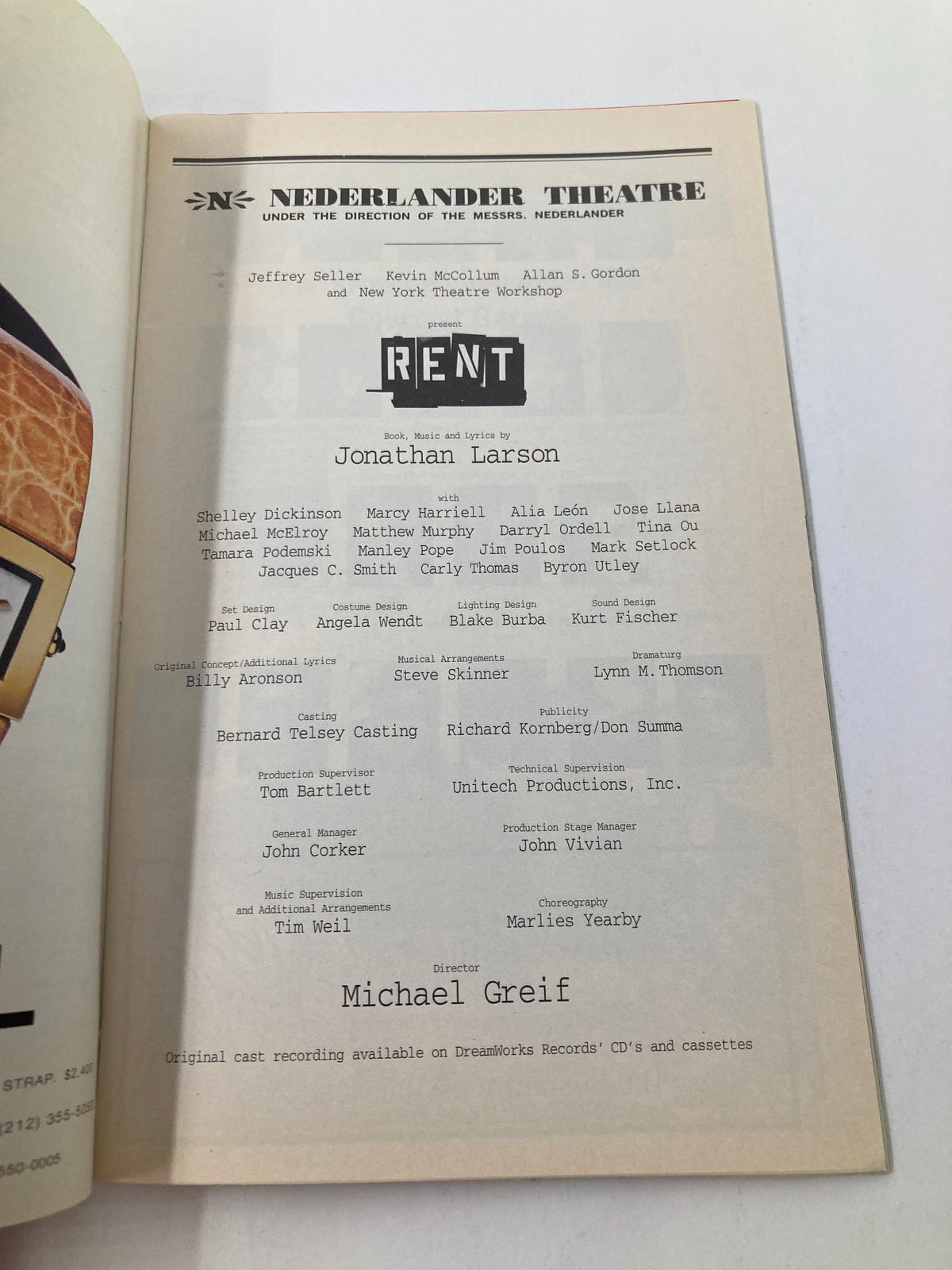 Details from the Nederland Theatre Playbill for Rent, listing the cast and creative team, including Shelley Dickinson and Marcy Harriell.
